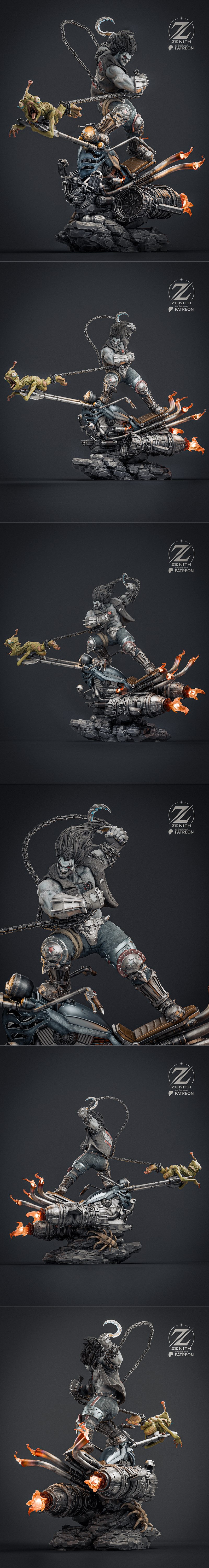 Lobo, the Main Man, on a detailed motorcycle, holding a chain attached to a screaming alien creature. Zenith Studios...