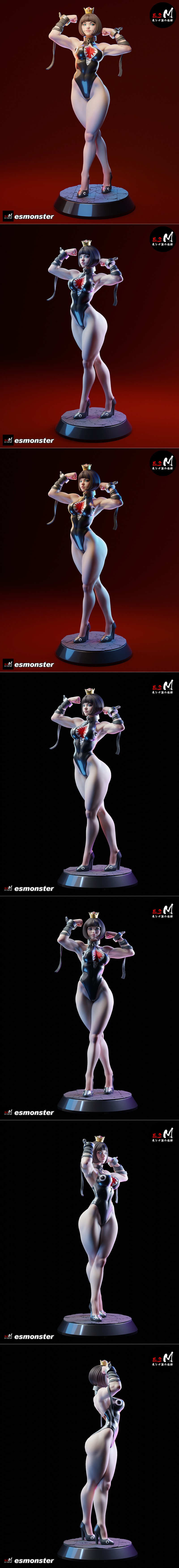 Muscular Chompette fitness figure in a black leotard with shark mouth design, flexing arms with restraints, wearing a...