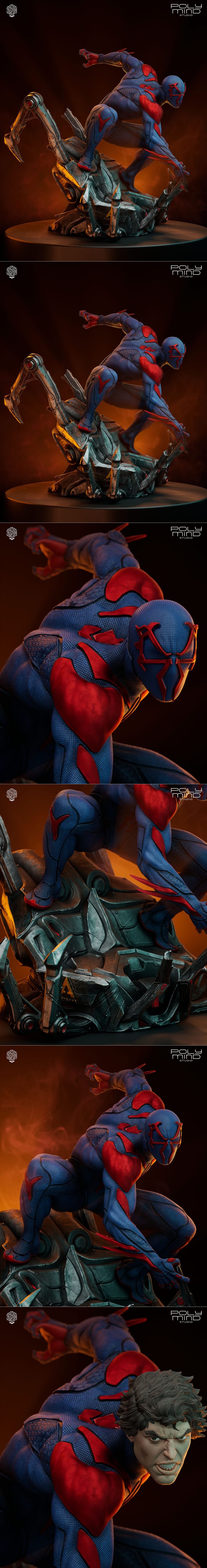 Spider-Man 2099 figure in a crouched pose on a detailed mechanical base, wearing a blue and red suit. PolyMind Studio...