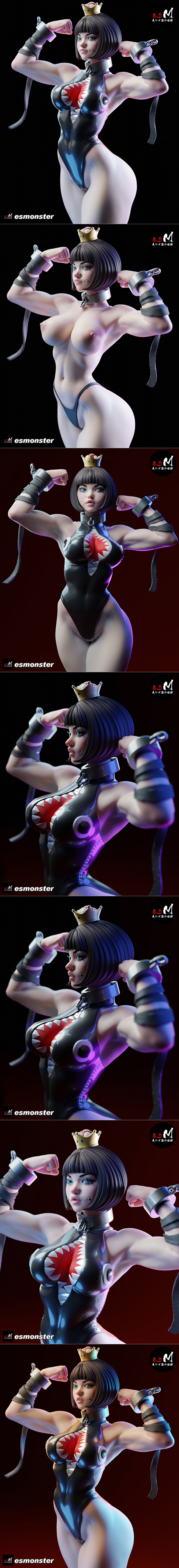 Muscular Chompette fitness figure in a black leotard with shark mouth design, flexing arms with restraints, wearing a...