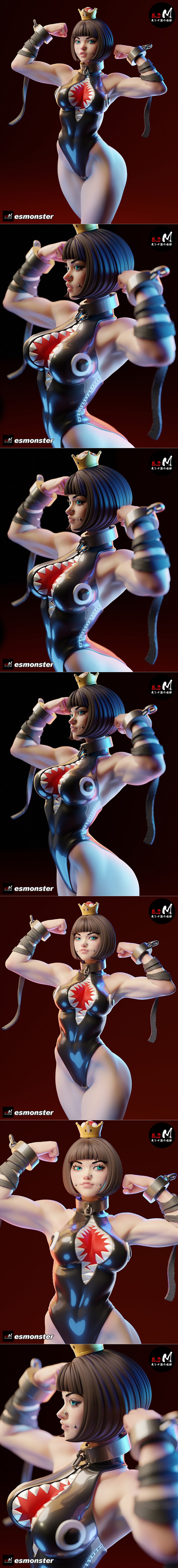 Muscular Chompette fitness figure in a black leotard with shark mouth design, flexing arms with restraints, wearing a...