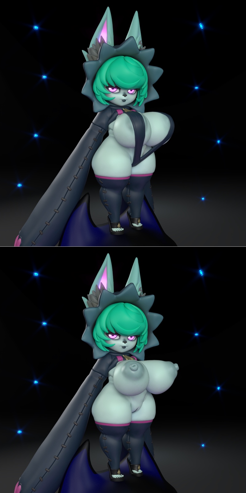 Stylized 3D model of Vex from League of Legends, with green hair, cat ears, and revealing outfit, standing on a dark,...