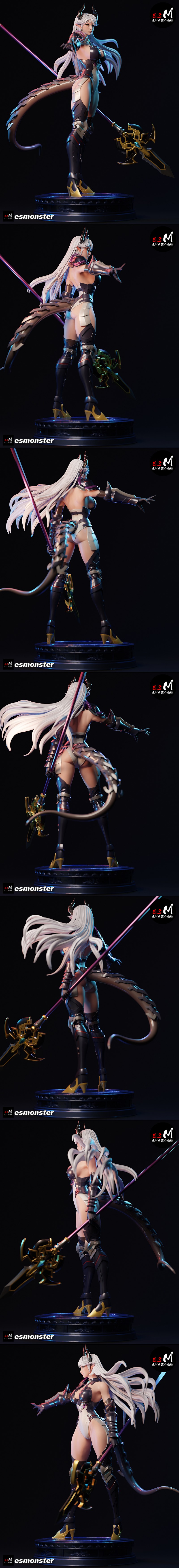 Luna figure with white hair, horns, and tail, wearing a white bodysuit and dark armor, holding a polearm and staff. G...