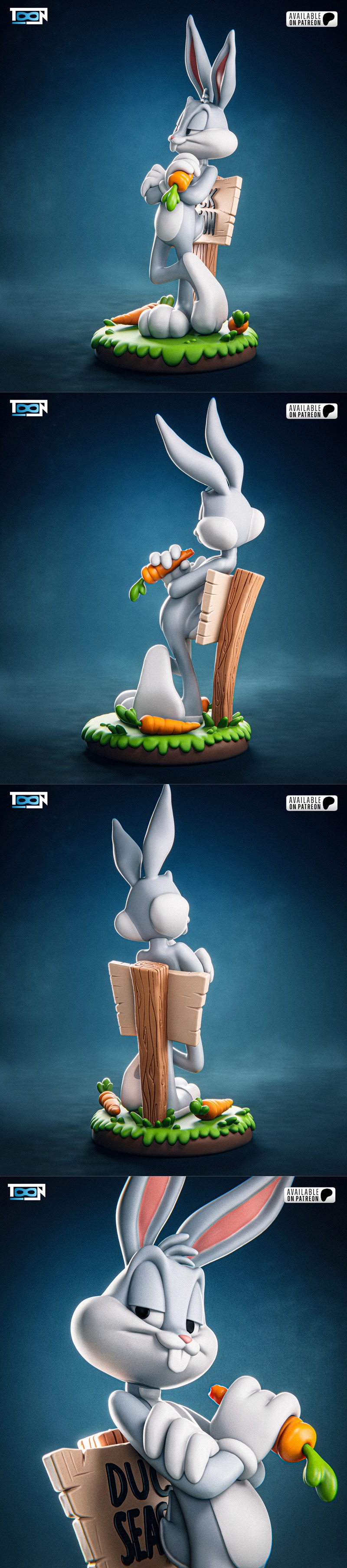 Bugs Bunny figure leaning on a 'Duck Season' sign, holding a carrot, with another carrot on the base. Toon Studios mo...