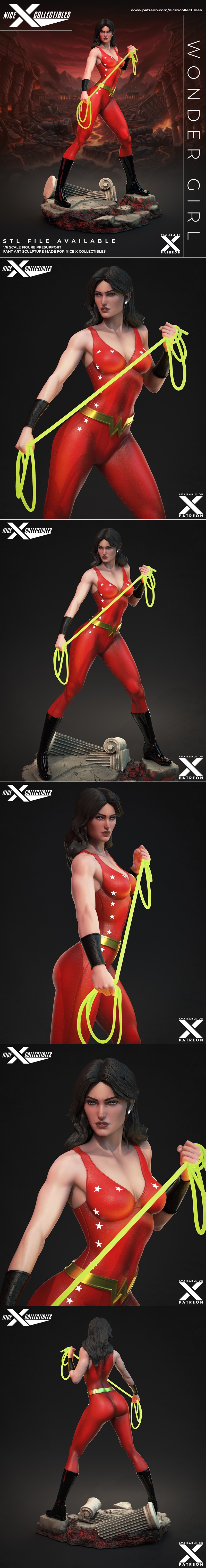 Wonder Girl 3D print model by Nice X Collectibles, wearing a red suit with stars, holding a lasso, on a diorama base...