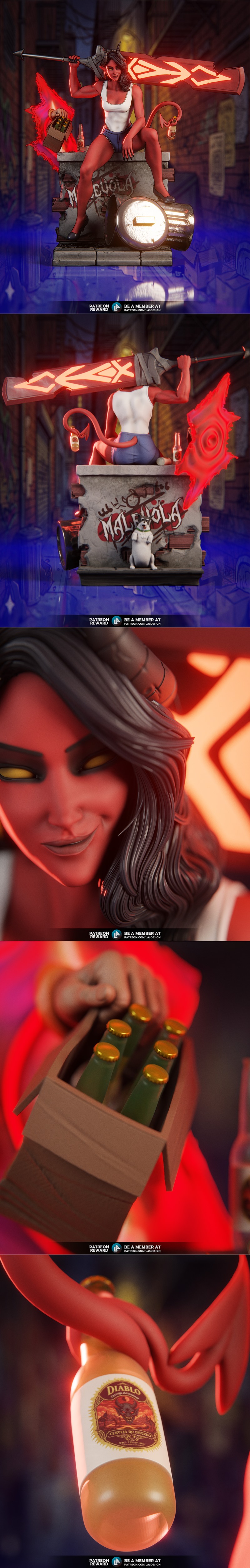 Muscular red-skinned demoness with horns and tail, wearing a white tank top and denim shorts, holding a glowing red s...