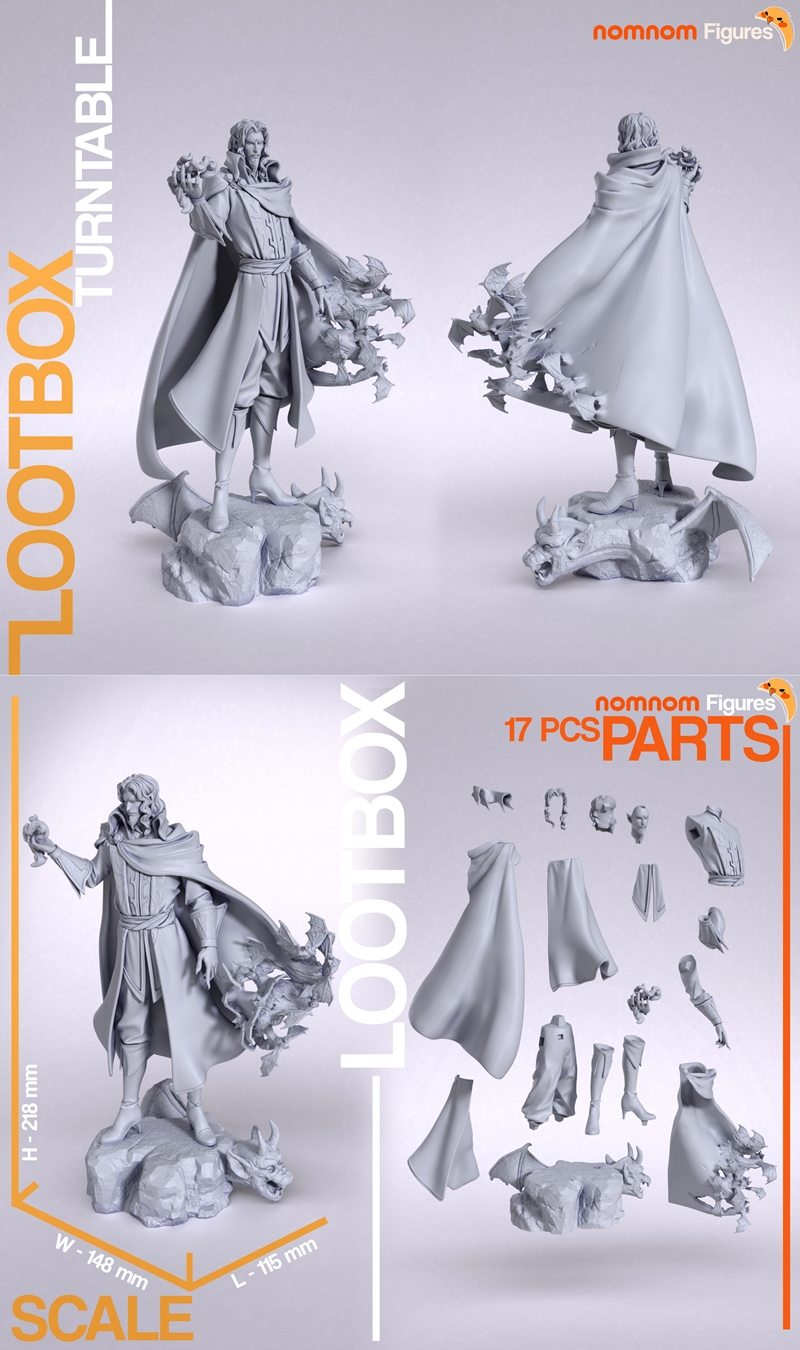 Nomnom Figures 3D model of Dracula from Castlevania, standing in a gothic pose with a red cape and holding a purple orb.