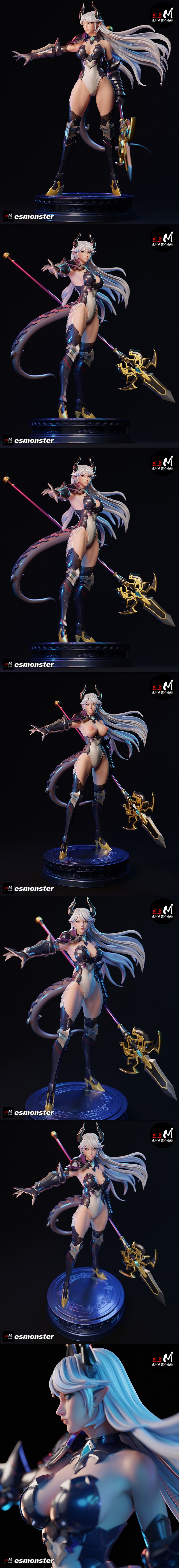 Luna figure with white hair, horns, and tail, wearing a white bodysuit and dark armor, holding a polearm and staff. G...