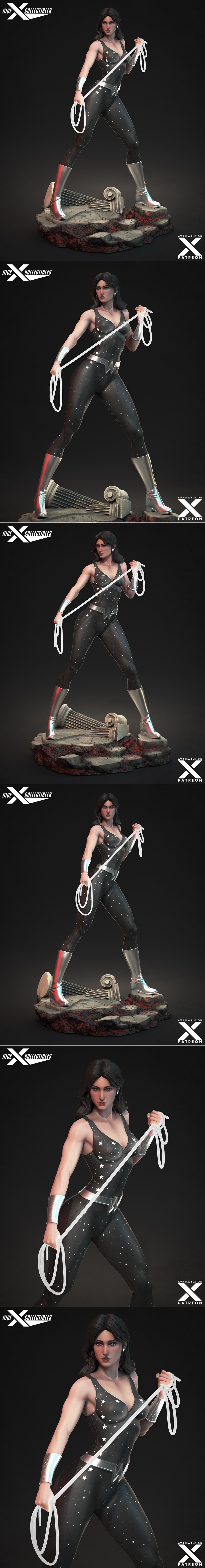 Wonder Girl 3D print model by Nice X Collectibles, wearing a red suit with stars, holding a lasso, on a diorama base...