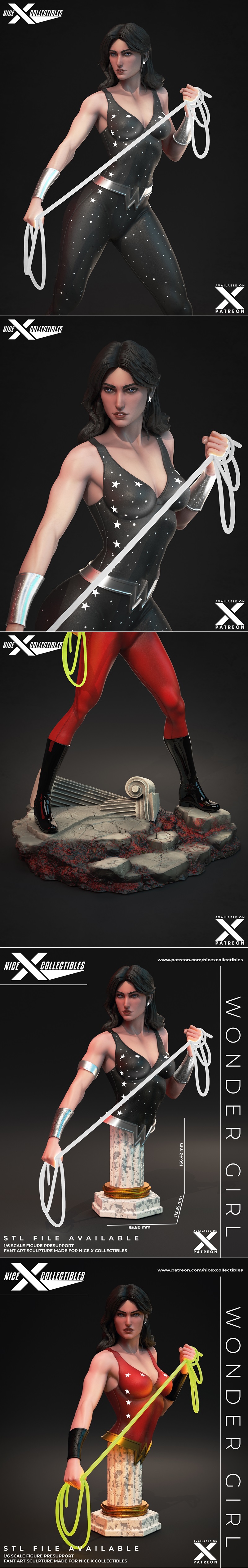 Wonder Girl 3D print model by Nice X Collectibles, wearing a red suit with stars, holding a lasso, on a diorama base...