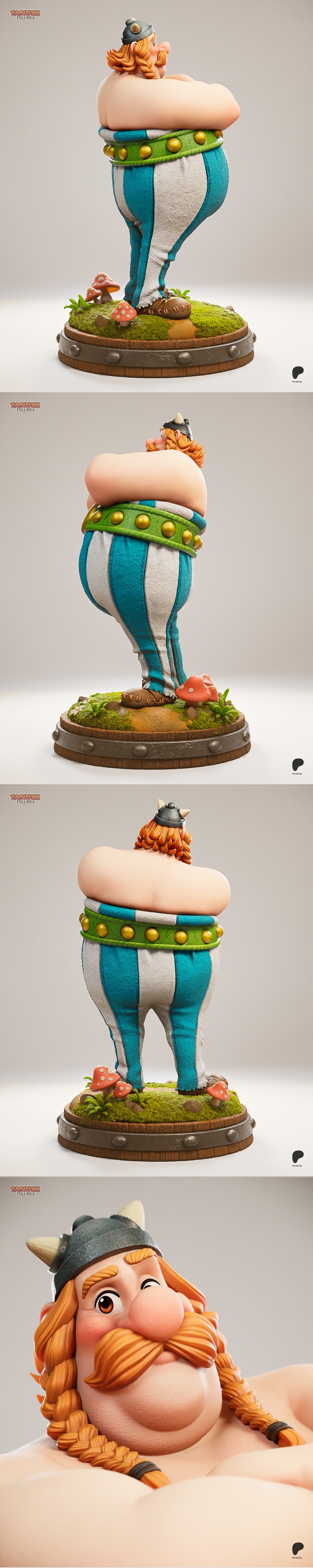 Obelix figure in toon style, wearing striped trousers and a horned helmet, standing on a grassy base with mushrooms....