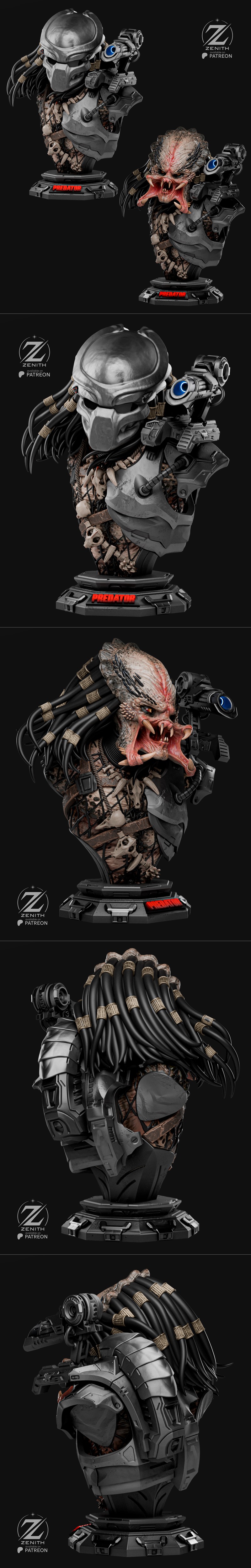 Predator bust 3D model by Zenith Studios, featuring detailed mandibles, bio-mask with targeting system, and trophy ad...