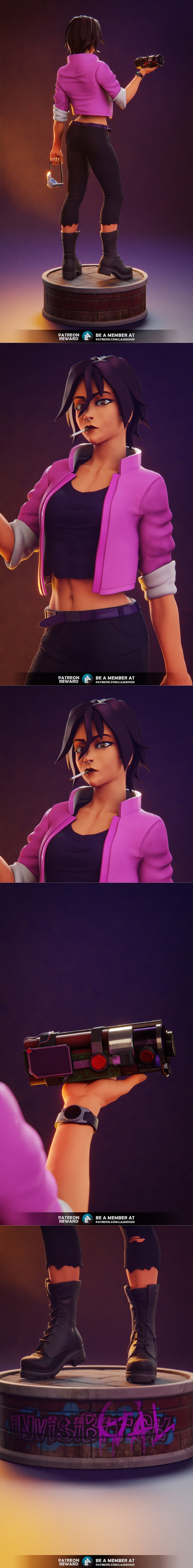 3D model of Invisigal from Dispatch, a female character in cyberpunk attire holding a weapon and goggles, standing on...