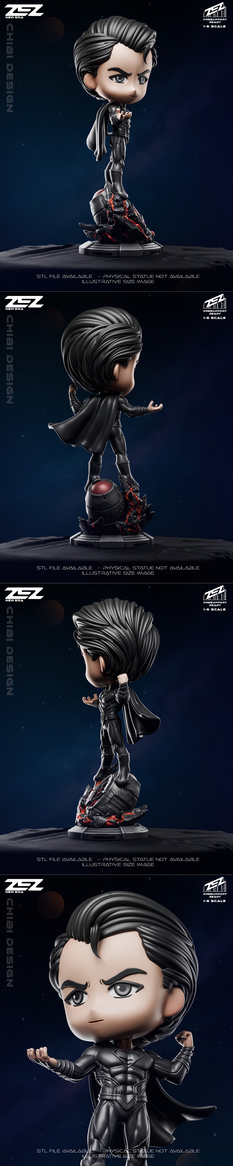 Chibi Superman figure in black suit with cape, standing on a rocky base with red glowing accents. ZEZ Studio logo vis...
