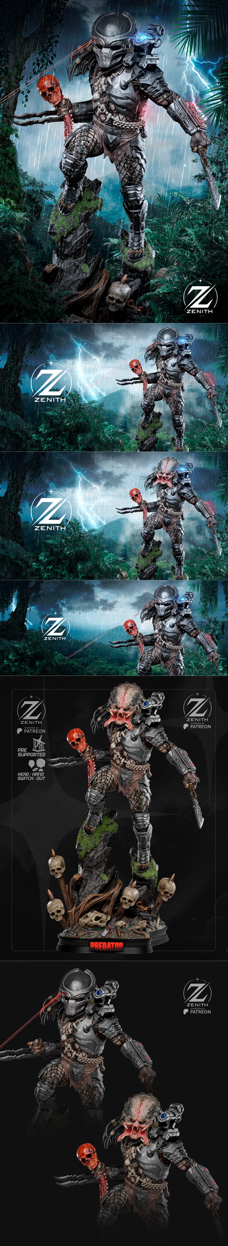 Predator alien hunter figure with armor, mandibles, and wrist blade, holding a skull, standing on a mossy rock in a r...