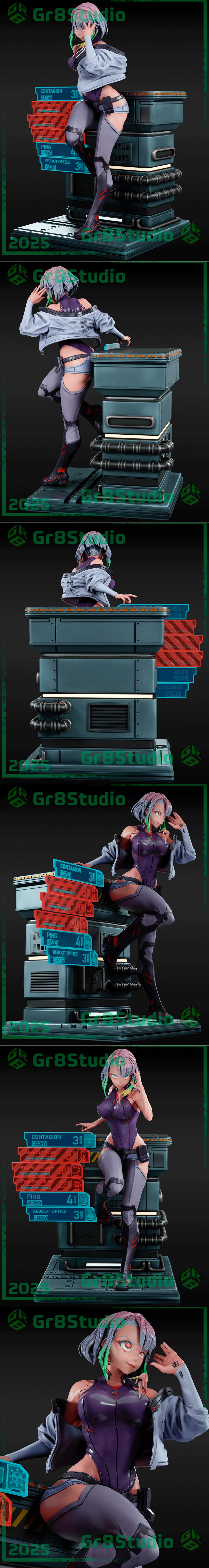 3D model figure of Lucy from Edgerunners, leaning forward with one hand on her hip and the other touching her hair. S...