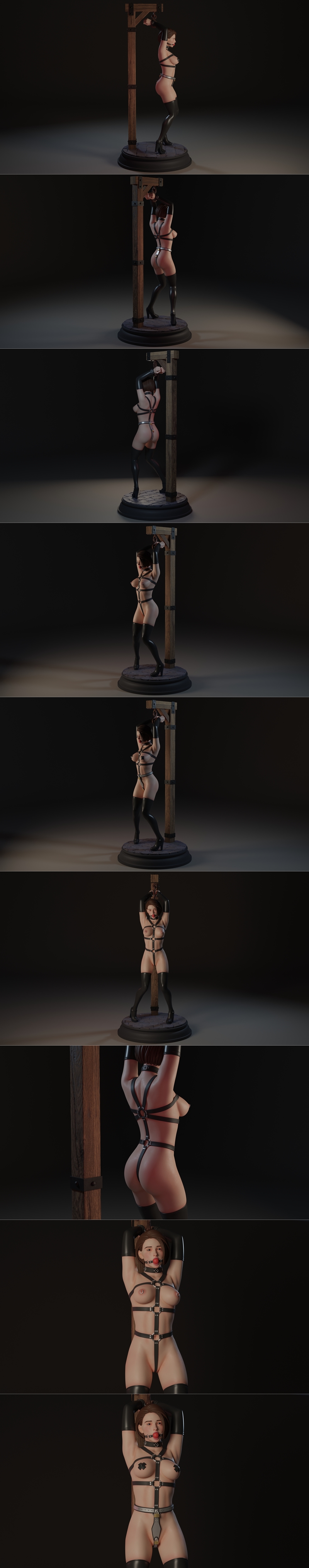 3D model of Jill Valentine from Resident Evil, bound in a leather harness and gag, standing on a stone base.