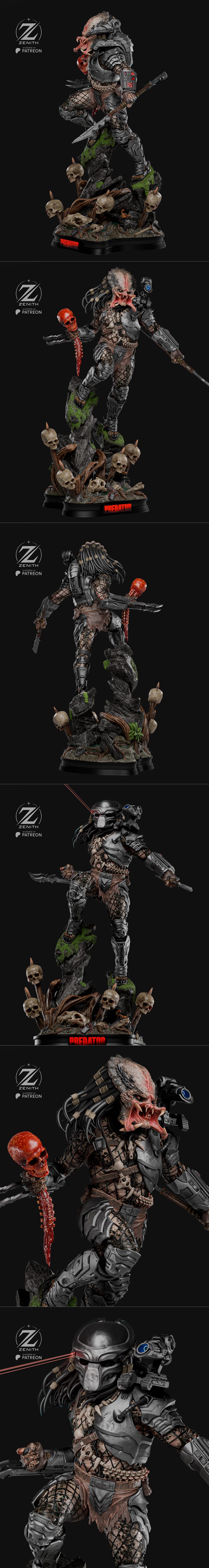 Predator alien hunter figure with armor, mandibles, and wrist blade, holding a skull, standing on a mossy rock in a r...
