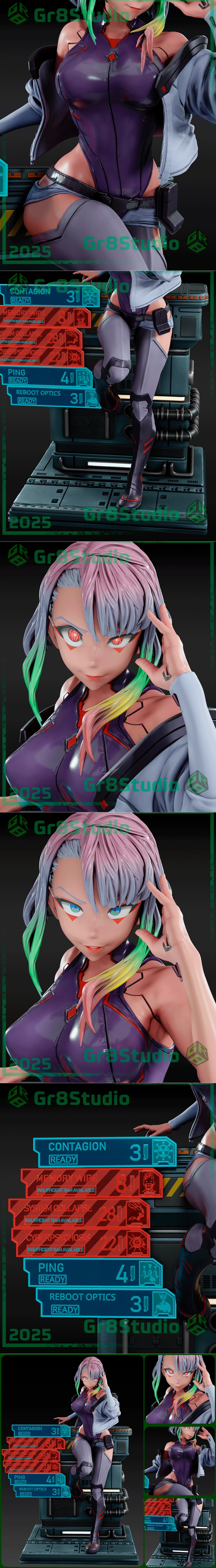 3D model figure of Lucy from Edgerunners, leaning forward with one hand on her hip and the other touching her hair. S...