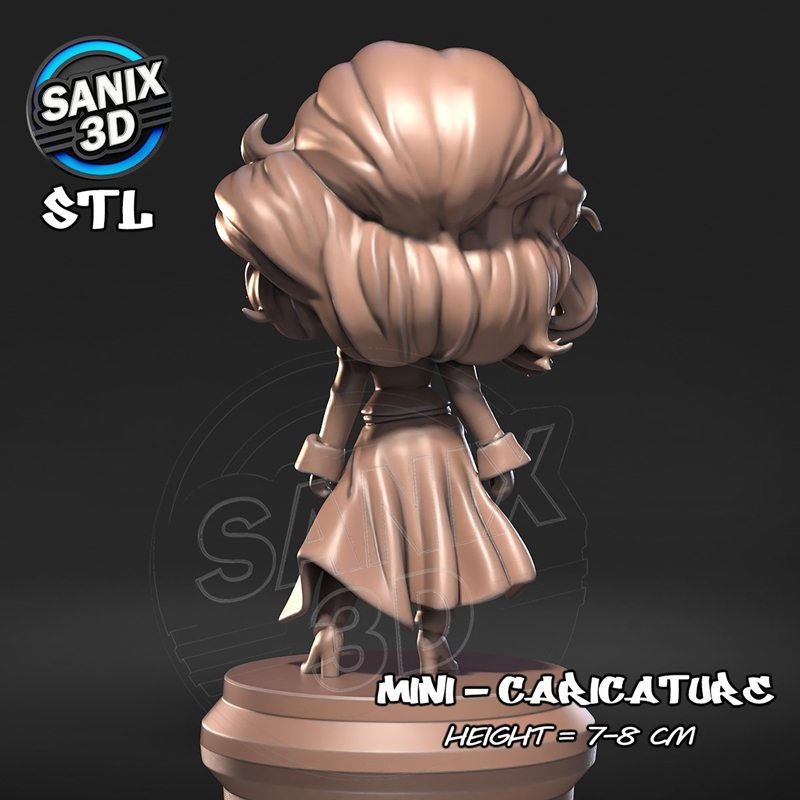 Chibi style 3D model of Selene by Sanix 3D, standing 7-8 cm tall, wearing a jacket, trousers, and flowing coat.