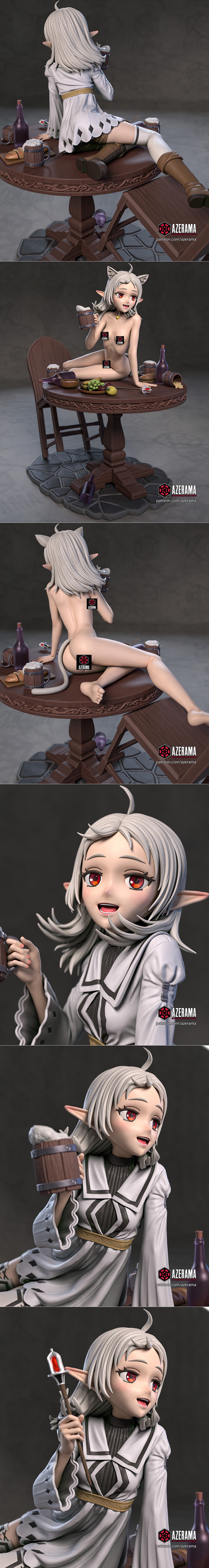 3D model of Sylphie from Mushoku Tensei sitting on a tavern table, holding a beer mug. She wears a white robe and has...