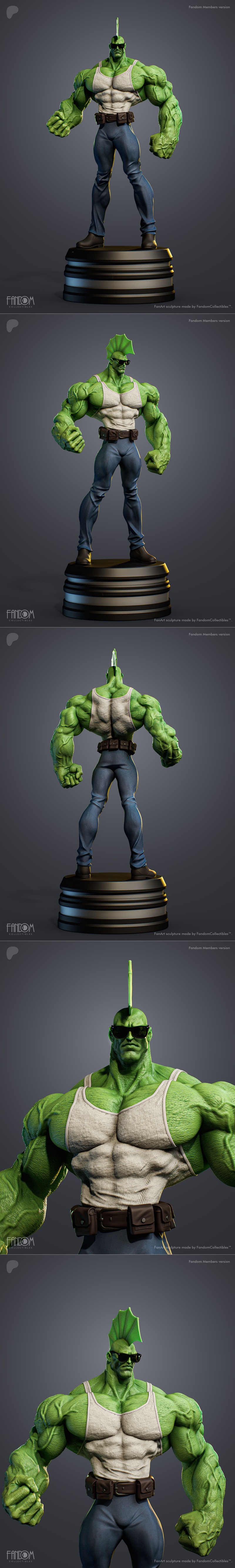 Savage Dragon character 3D model, green-skinned, muscular, wearing sunglasses, white tank top, blue pants, and a util...