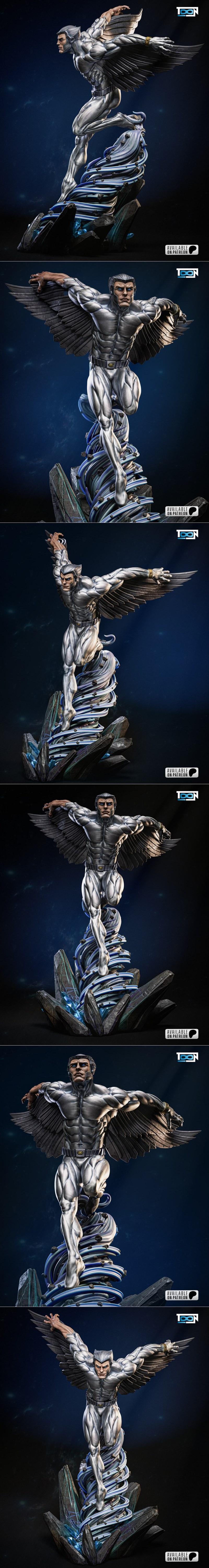 Silverhawk 3D model figure in mid-flight, wings spread, muscular body, metallic suit, emerging from energy vortex on...