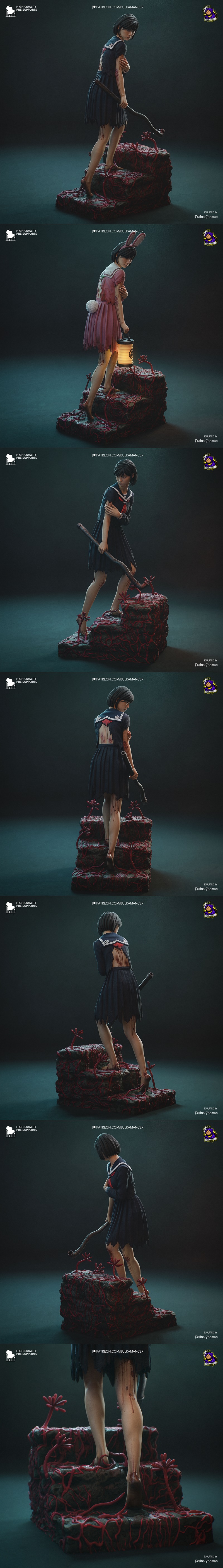 Hinako from Silent Hill in a torn school uniform, holding a weapon, with bloody arm, standing on a dark, overgrown st...