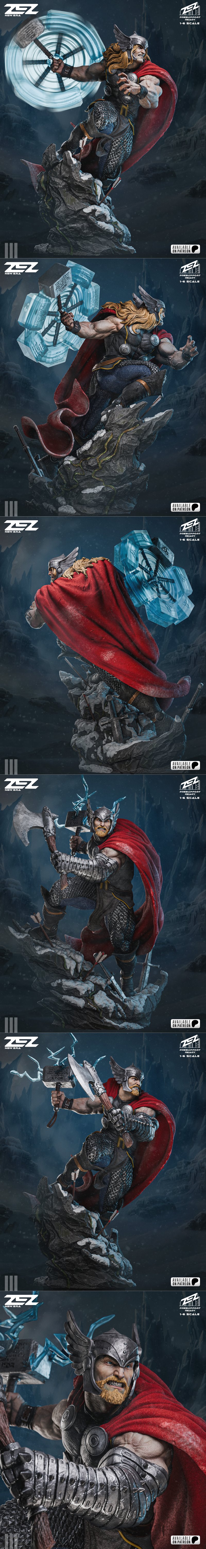 ZEZ Studio 1:6 scale 3D model of Thor, God of Thunder, in a dynamic pose with Mjolnir, wearing armor and a red cape,...