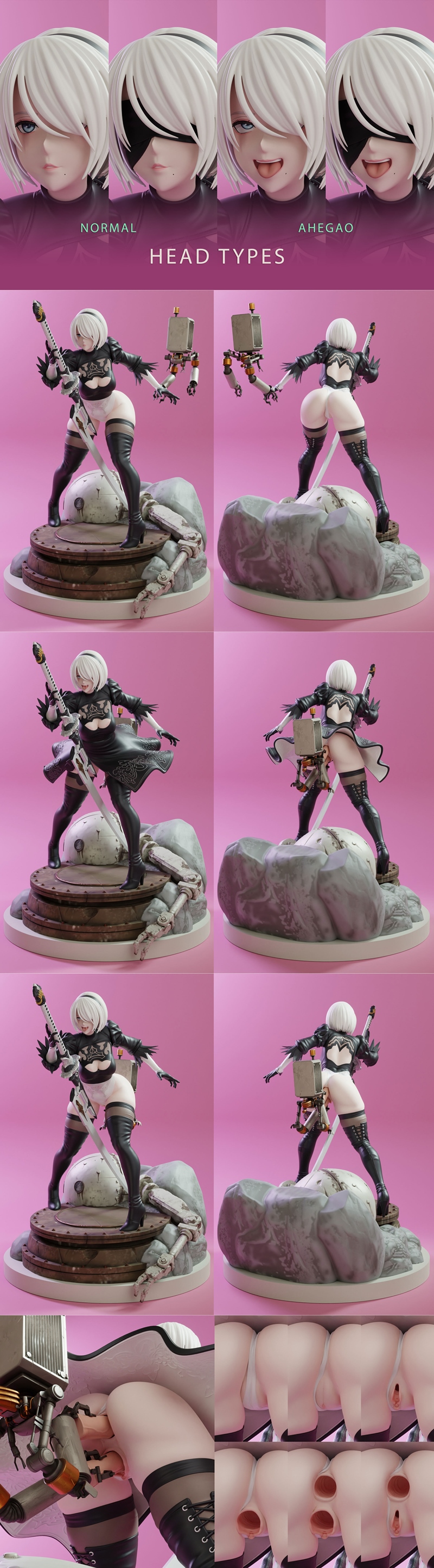 3D model of Nier Automata's 2B figure, front and back views. She wears a black dress, thigh-high boots, and wields a...