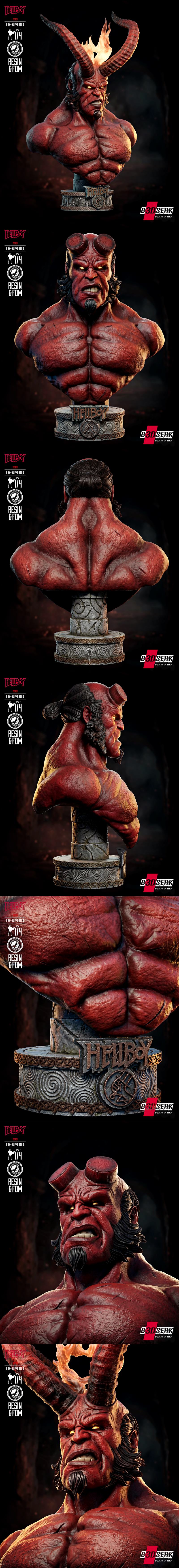 Hellboy portrait bust with large red horns, a fiery crown, and a stern expression, rendered in a comic art style. Stu...