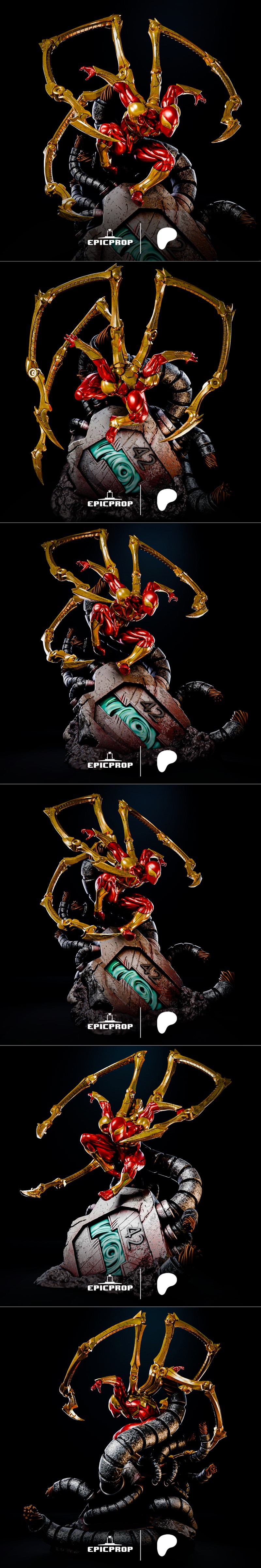 Iron Spider 3D model figure in red and gold armor with four mechanical spider legs extended, crouching on a textured...