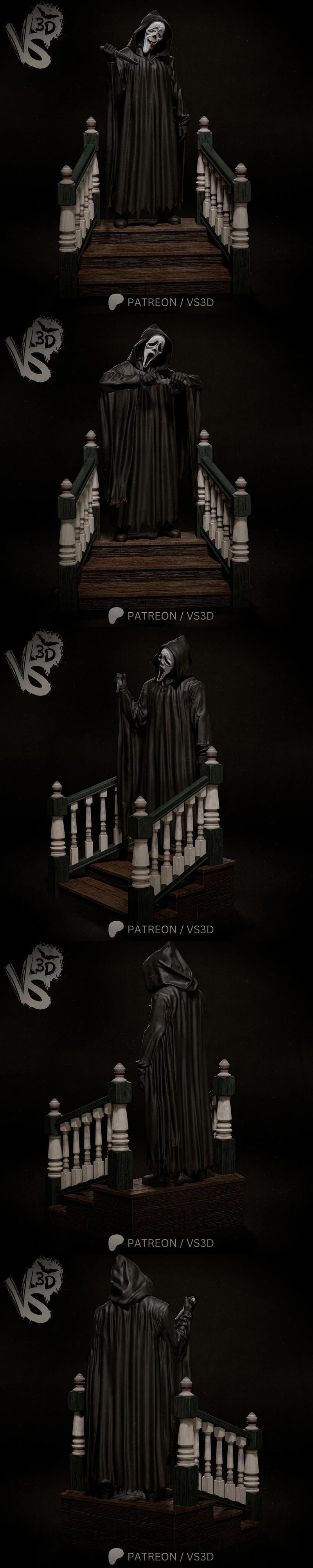 VS3D Ghostface 3D model on a wooden staircase, holding a knife, wearing a black hooded robe.