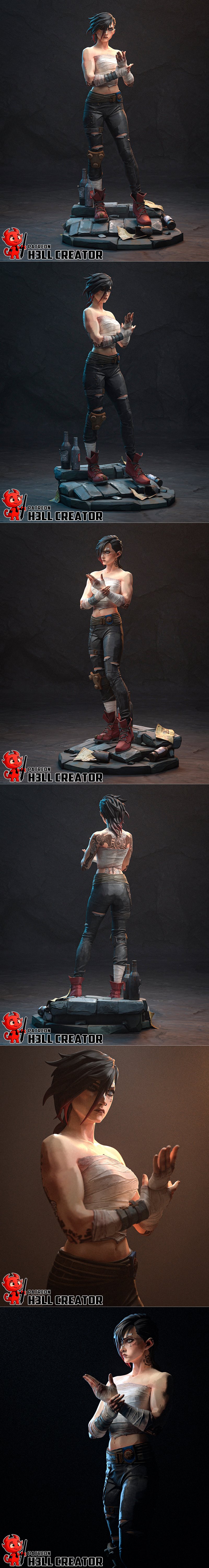 3D model of Vi from Arcane, a female fighter with dark hair, bandages on her arms and chest, and a determined express...