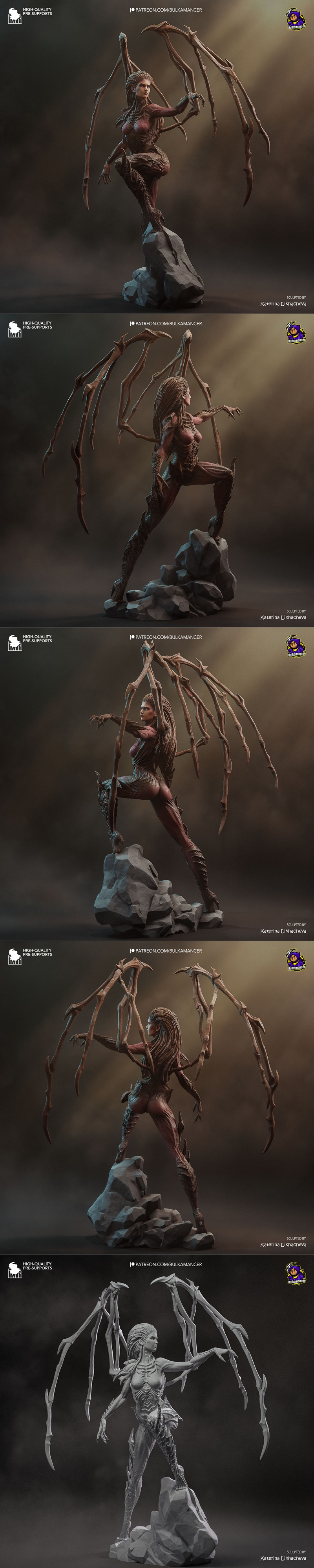 Kerrigan, Queen of Blades, in a menacing pose with large insectoid limbs and glowing purple eyes. The figure features...