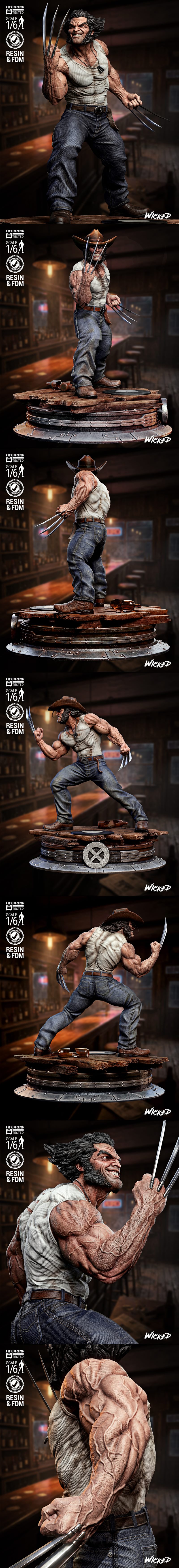 Wolverine in a cowboy hat and white tank top, brandishing adamantium claws, standing on a wooden platform with a red...