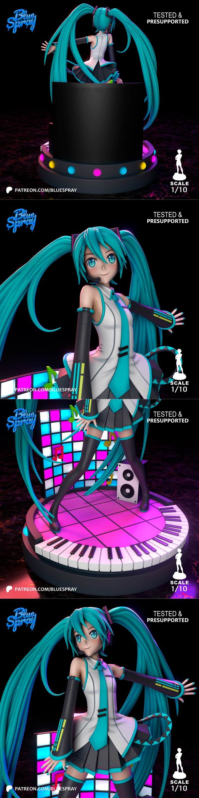 Hatsune Miku 3D model on a piano keyboard stage, with musical notes and a speaker. Blue Spray studio logo and scale 1...