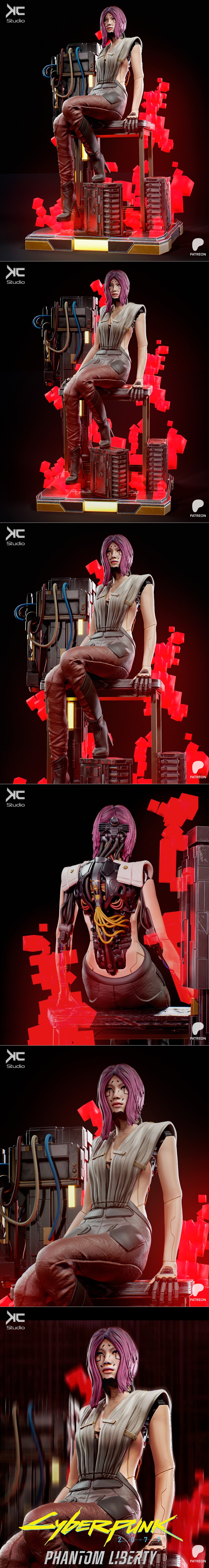 3D model of Songbird from Cyberpunk 2077, seated with purple hair, wearing a futuristic outfit with cybernetic arm an...