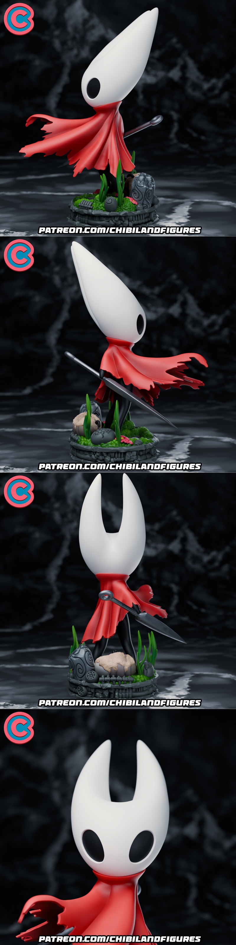 Chibi Hornet figure from Hollow Knight, holding a needle sword, wearing a red cape, on a detailed base with plants an...