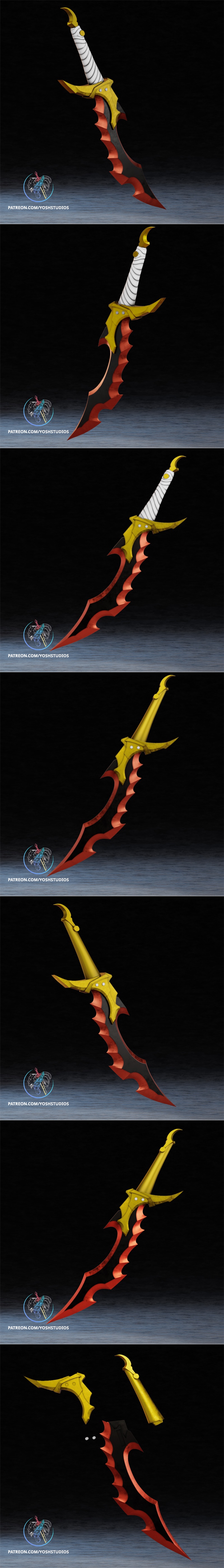 Knight Killer Dagger 3D print model with ornate golden hilt and white wrapped grip, featuring a black serrated blade...