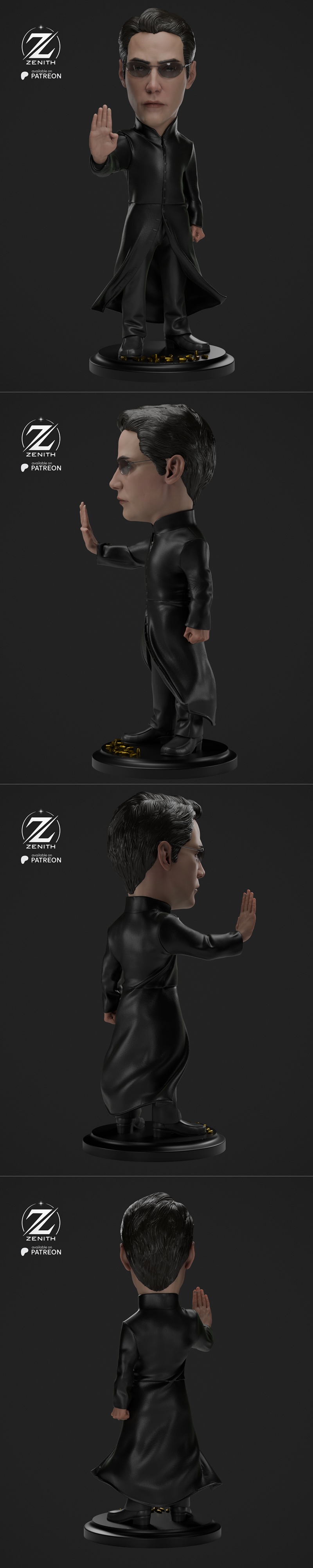 3D model of Neo from The Matrix, wearing sunglasses and a black coat, with one hand raised in a stopping gesture.