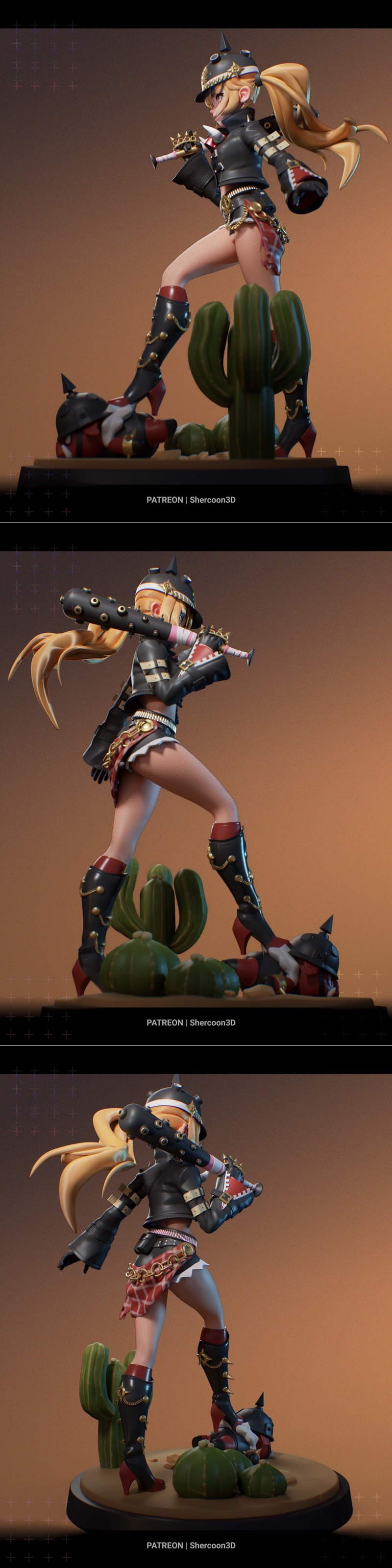 Lucy from Zenless Zone Zero 3D model figure, wearing a black jacket, shorts, helmet with horns, and holding a spiked...