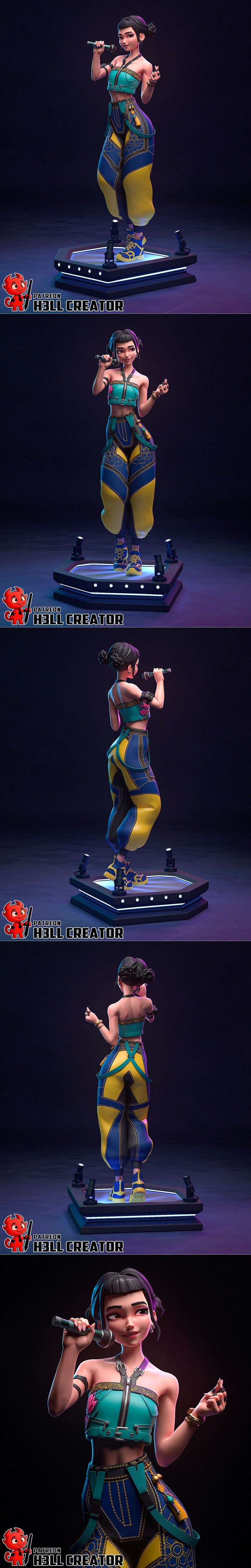 Stylized 3D model of Zoey, a K-pop singer, holding a microphone and performing on stage. She wears a teal crop top an...