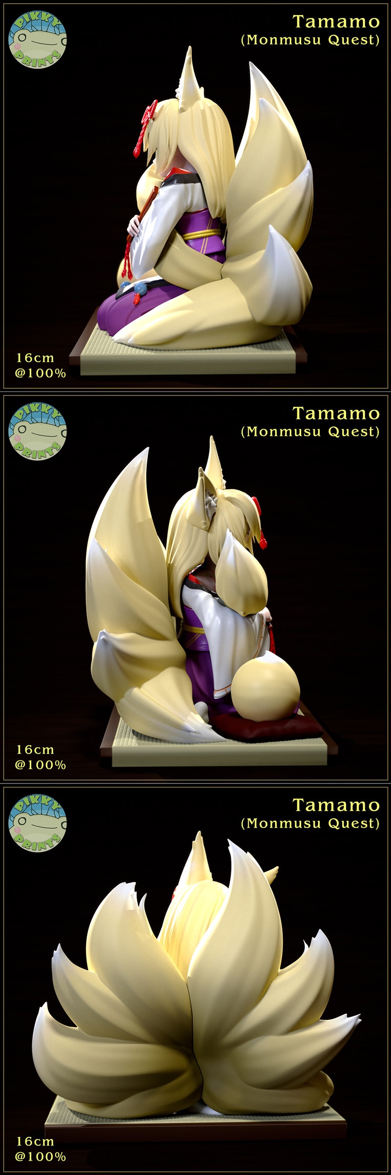 Pikky Prints Tamamo figure from Monster Girl Quest, a nine-tailed fox girl in a revealing kimono and purple hakama, h...
