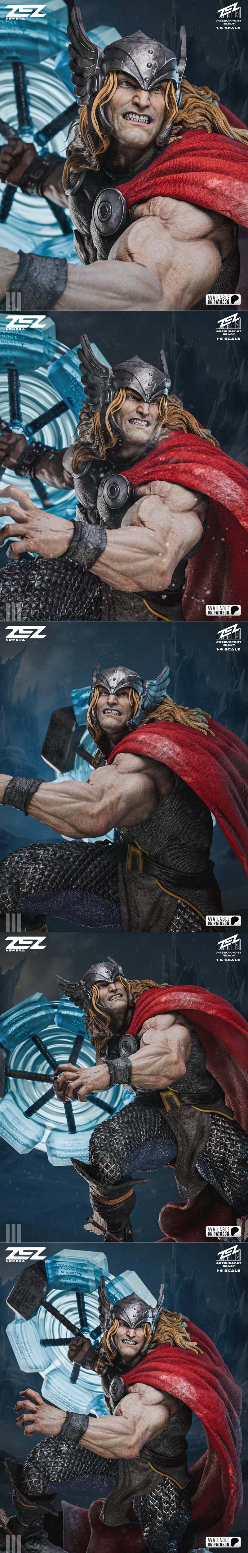 ZEZ Studio 1:6 scale 3D model of Thor, God of Thunder, in a dynamic pose with Mjolnir, wearing armor and a red cape,...