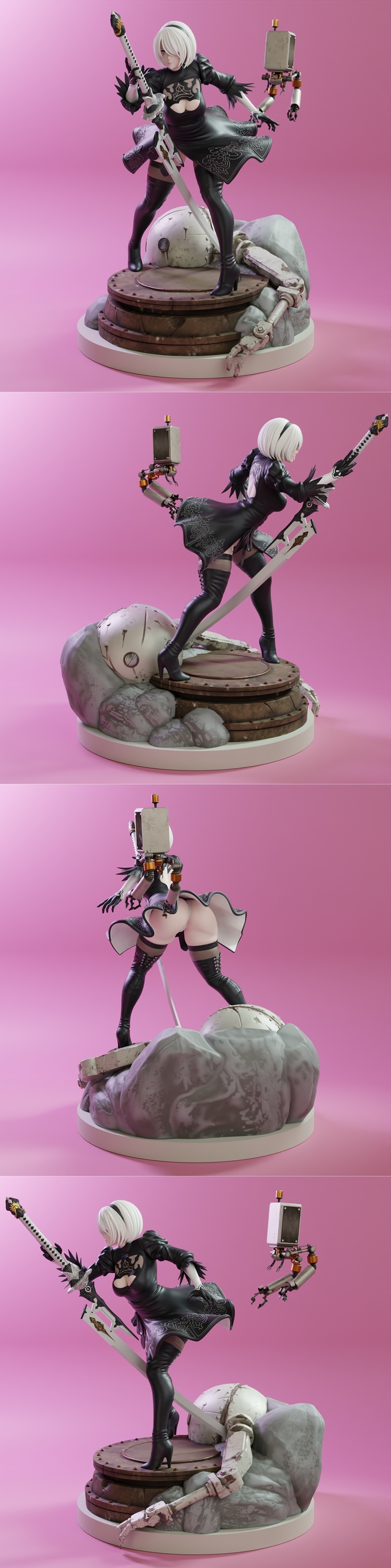 3D model of Nier Automata's 2B figure, front and back views. She wears a black dress, thigh-high boots, and wields a...