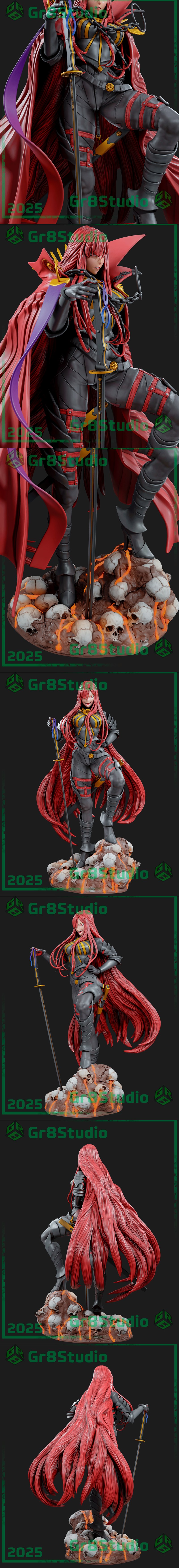 Demon King Nobunaga (Nobunaga Avenger) figure from Fate, standing on a skull base, wearing dark armor and a red cape,...