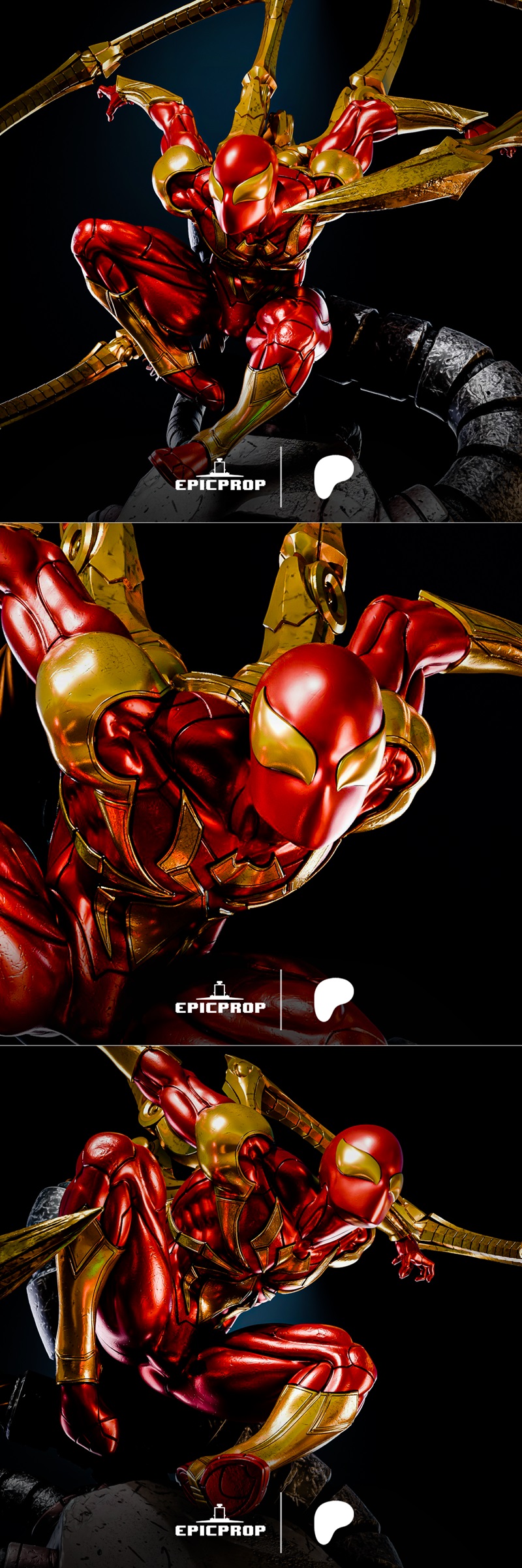 Iron Spider 3D model figure in red and gold armor with four mechanical spider legs extended, crouching on a textured...