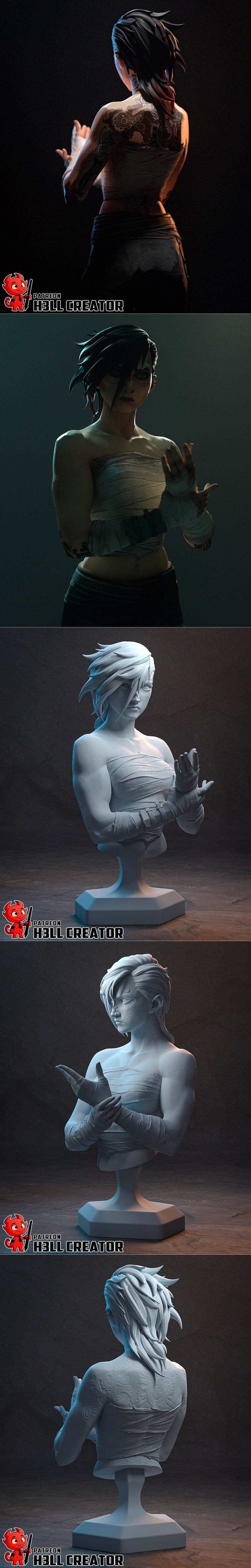 3D model of Vi from Arcane, a female fighter with dark hair, bandages on her arms and chest, and a determined express...