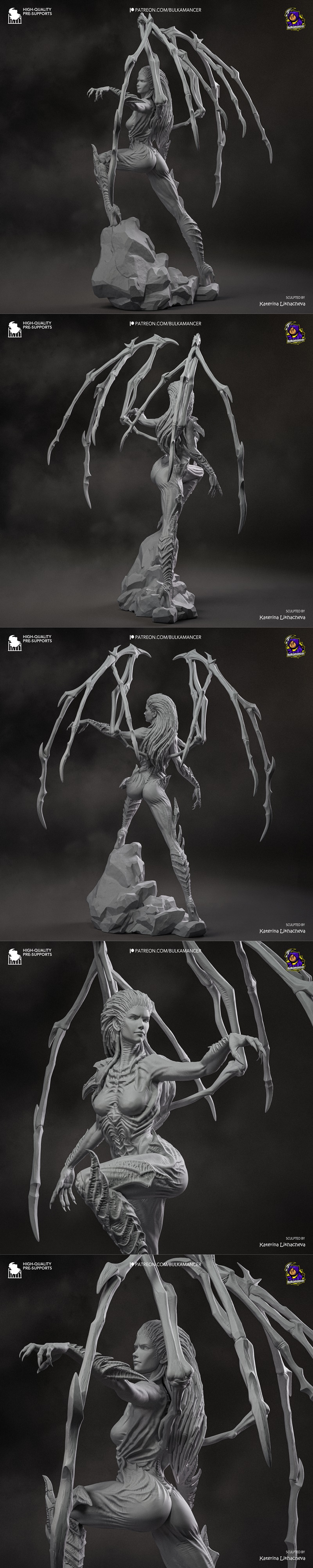 Kerrigan, Queen of Blades, in a menacing pose with large insectoid limbs and glowing purple eyes. The figure features...